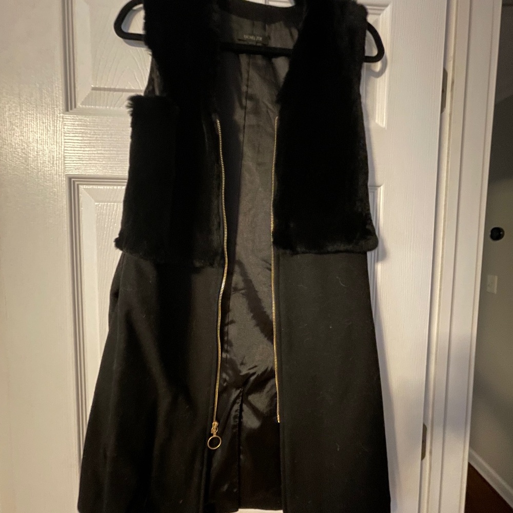 Carlie Zip-Front Long Fur Vest, Black